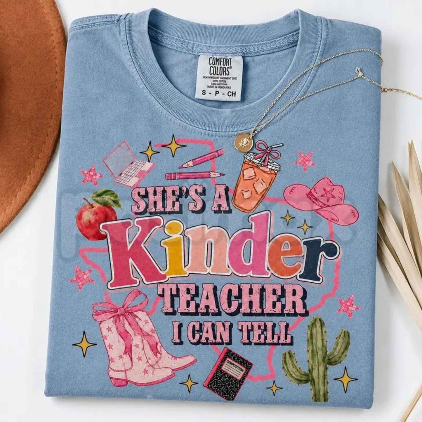 Comfort Colors® "She's A Teacher, I Can Tell" & "Teacher Ellas Fellas" Graphic T-Shirts – Retro Funny Educator Tees, Cute Back-to-School Teacher Gift Bundle, Whimsical Classroom Spirit Unisex Tops