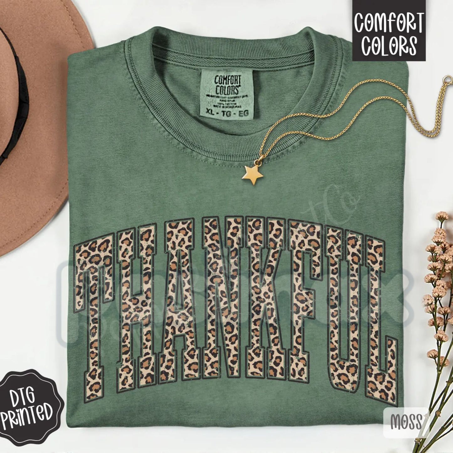 Comfort Colors® 'Thankful' Leopard Print Tee – Trendy Women's Fall Shirt, Vintage Thanksgiving Apparel