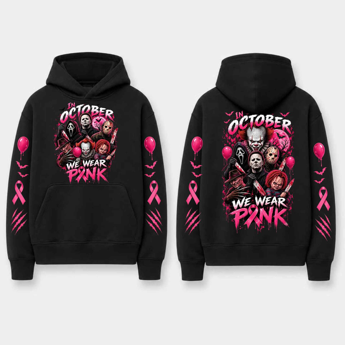 Unisex Pink Breast Cancer Awareness Horror Print Hoodie – Scary Movie Character Graphic Pullover, Halloween Pink Ribbon Support Sweatshirt