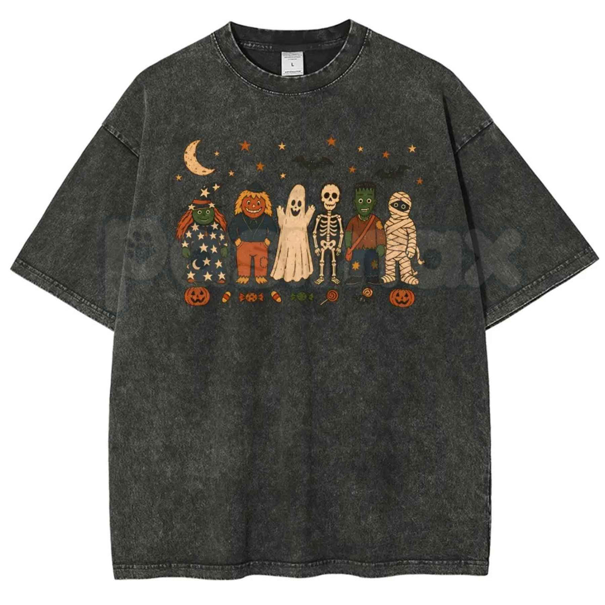 Unisex Witches, Pumpkin Scarecrows, Ghosts, Skeletons Halloween Graphic Washed T-Shirt – Retro Spooky Season Acid Wash Lightweight Cotton Tee