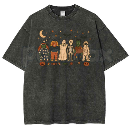 Unisex Witches, Pumpkin Scarecrows, Ghosts, Skeletons Halloween Graphic Washed T-Shirt – Retro Spooky Season Acid Wash Lightweight Cotton Tee