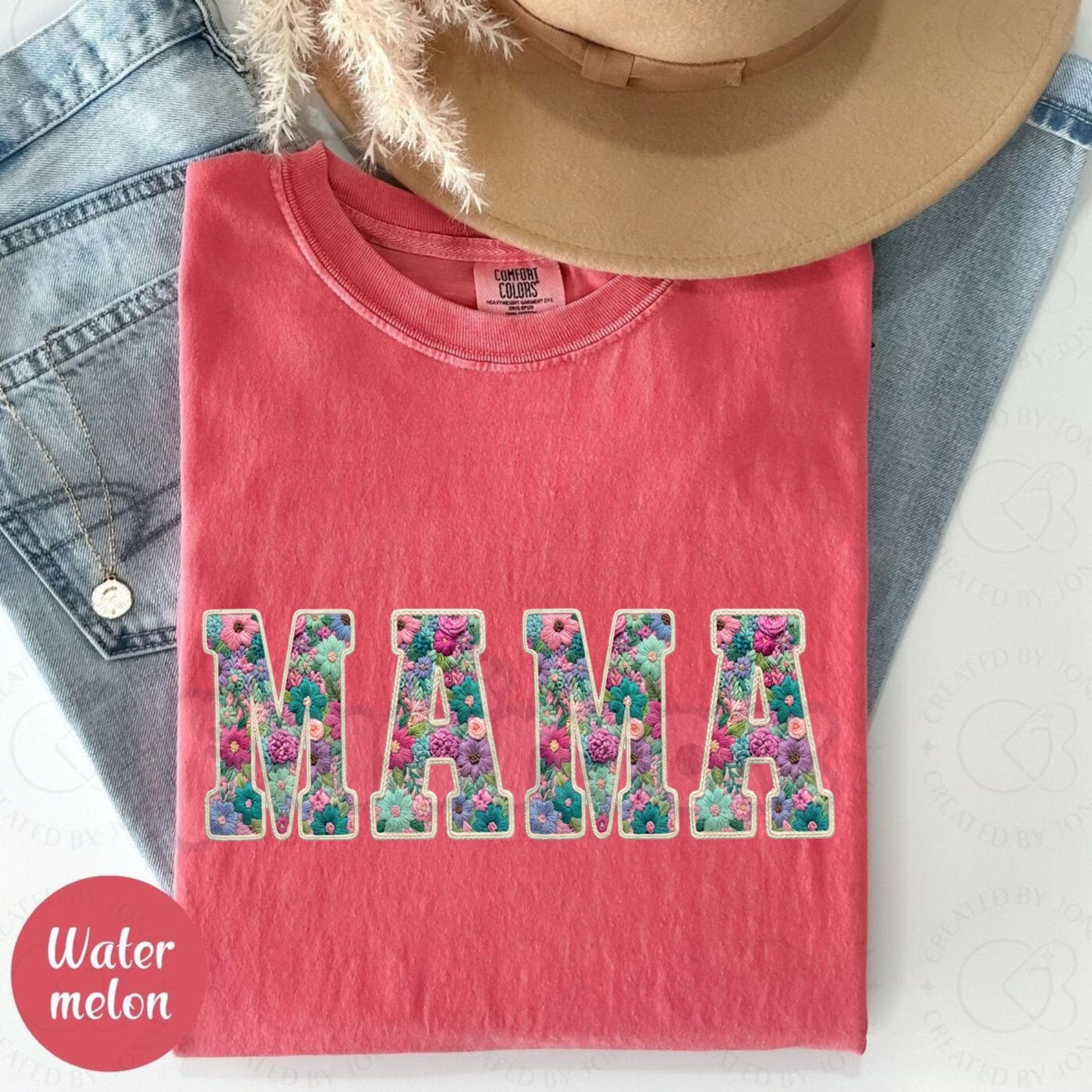 Comfort Colors® Faux Embroidery Effect Mama T-Shirt – Trendy Vintage Style Mother's Day Gift, Minimalist Boutique Mama Graphic Tee, Not Real Embroidery