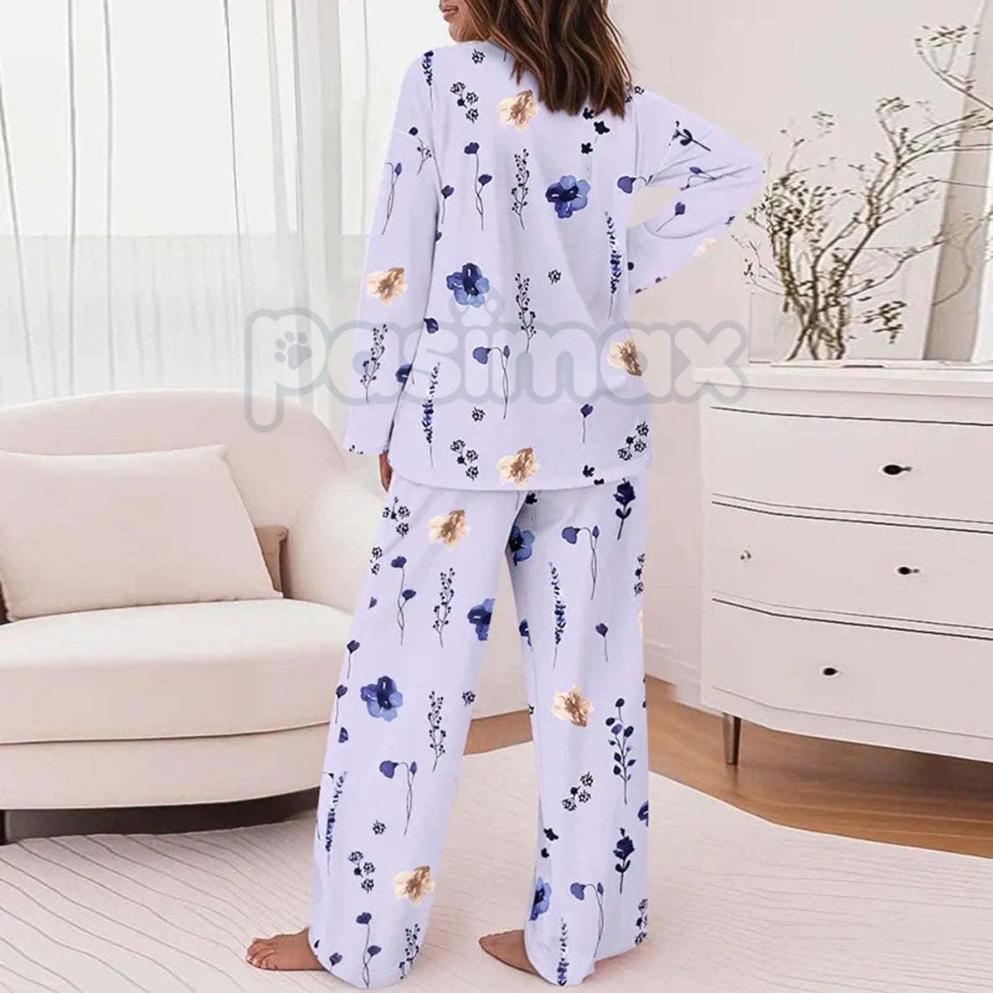 ChicMe Women's Floral Print Lounge Set - Long Sleeve Top & Casual Pants with Pockets, Comfortable Home Wear