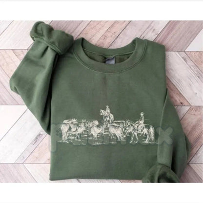 Retro Desert Cowboy Sweatshirt | Western Ranch Heritage Crewneck | Vintage Southwest Landscape Jumper | Unisex Country Sunset Pullover | Aesthetic Cowboy Boots & Cacti Graphic