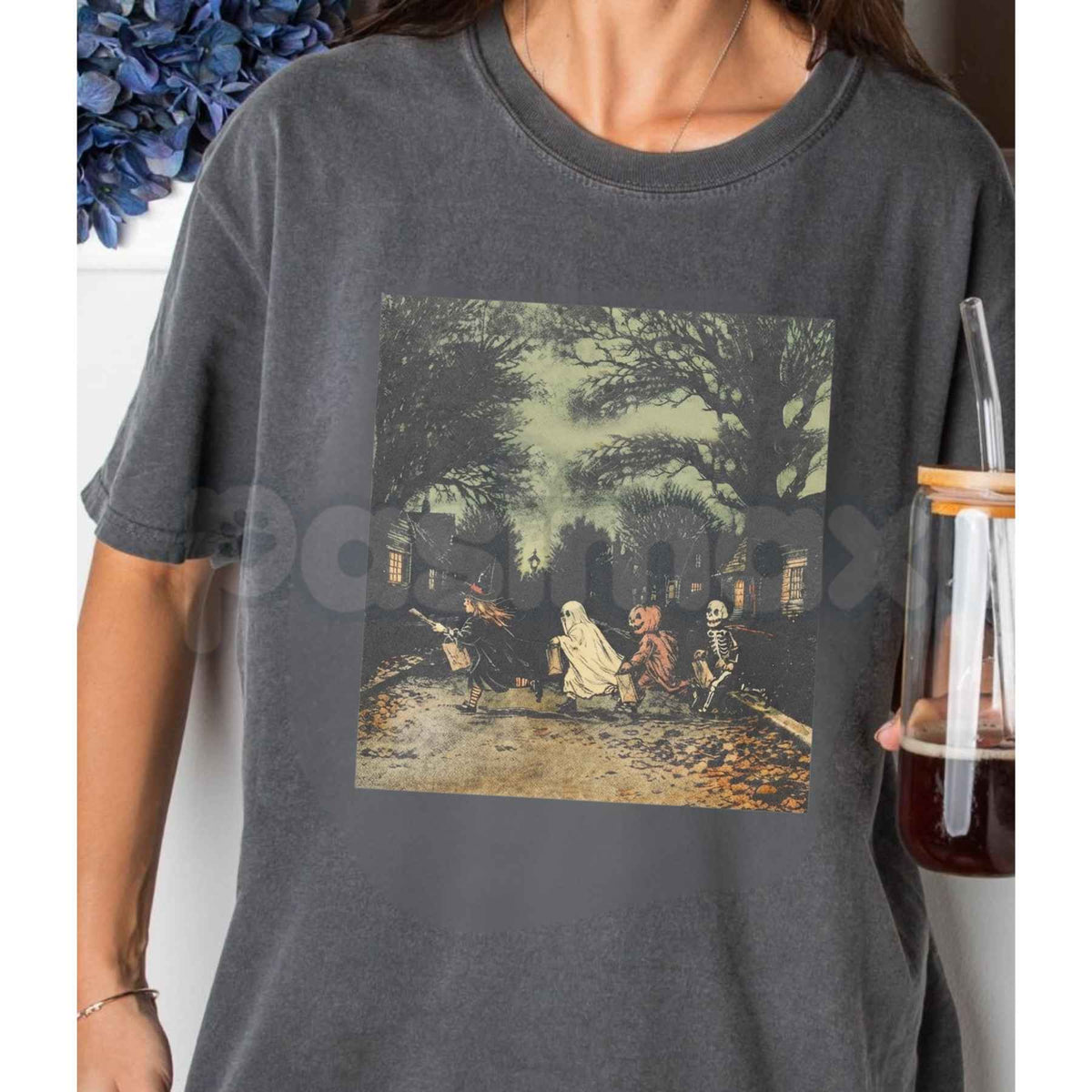 Comfort Colors® Dark Gothic Halloween T-Shirt – Vintage Witch Skeleton & Pumpkin Graphic Tee, Dark Fantasy Unisex Top & Gift