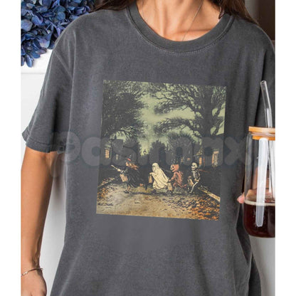 Comfort Colors® Dark Gothic Halloween T-Shirt – Vintage Witch Skeleton & Pumpkin Graphic Tee, Dark Fantasy Unisex Top & Gift