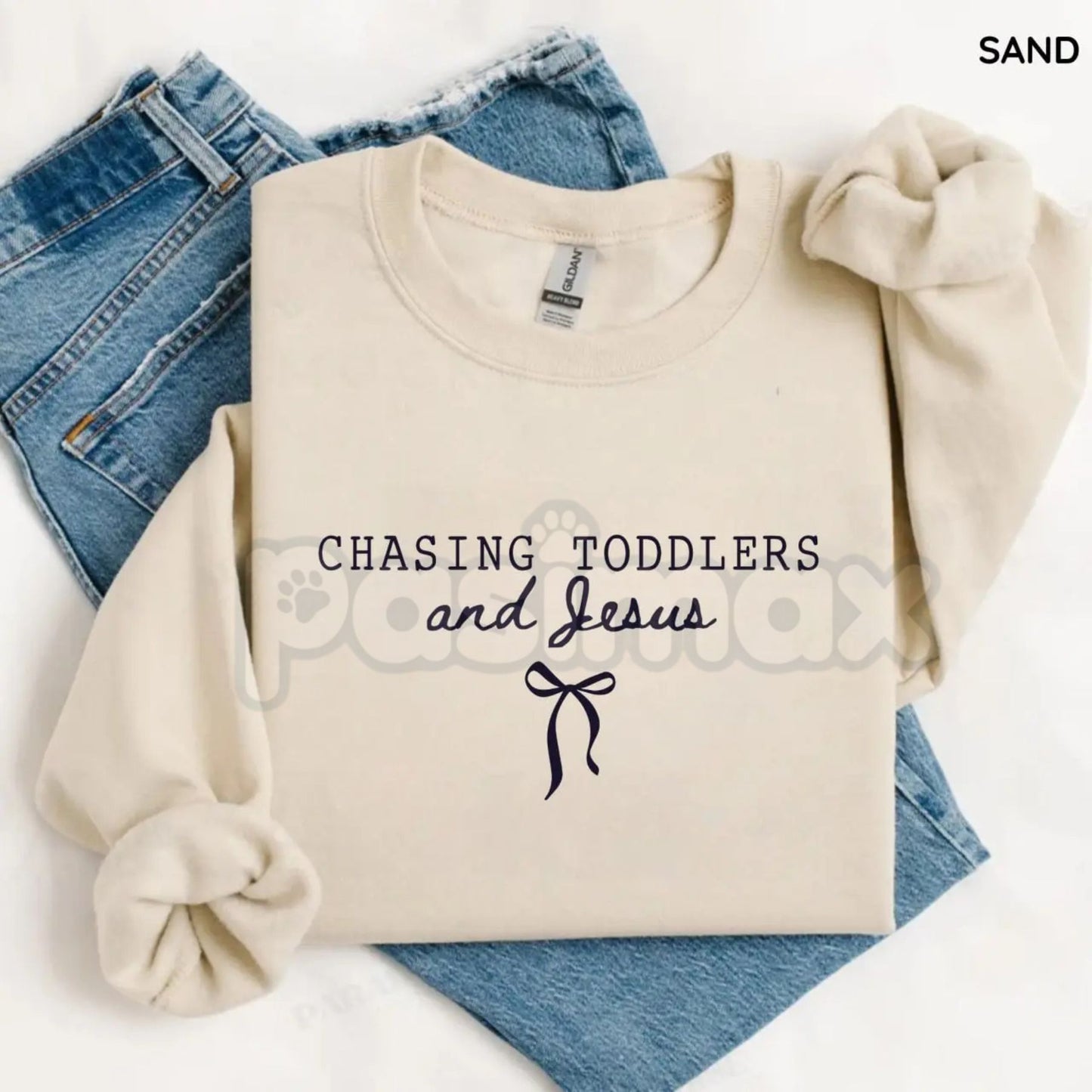 Chasing Jesus and Toddlers Sweatshirt | Coquette Christian Bow Crewneck | Aesthetic Faith Based Mom Jumper | Christian Motherhood Gift | Dainty Religious Bow Pullover