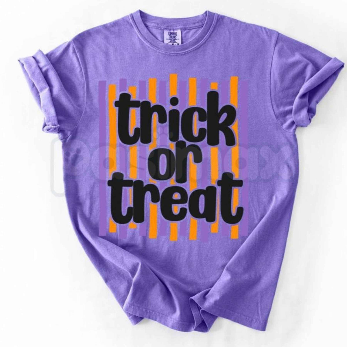 Comfort Colors® Trick or Treat Preppy Striped T-Shirt – Retro Pink & Orange Halloween Graphic Tee, Spooky Season Unisex Top & Gift