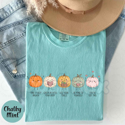Comfort Colors® Positive Affirmations Pumpkin T-Shirt – Mental Health Fall Graphic Tee, Self Care Halloween School Counselor Unisex Top