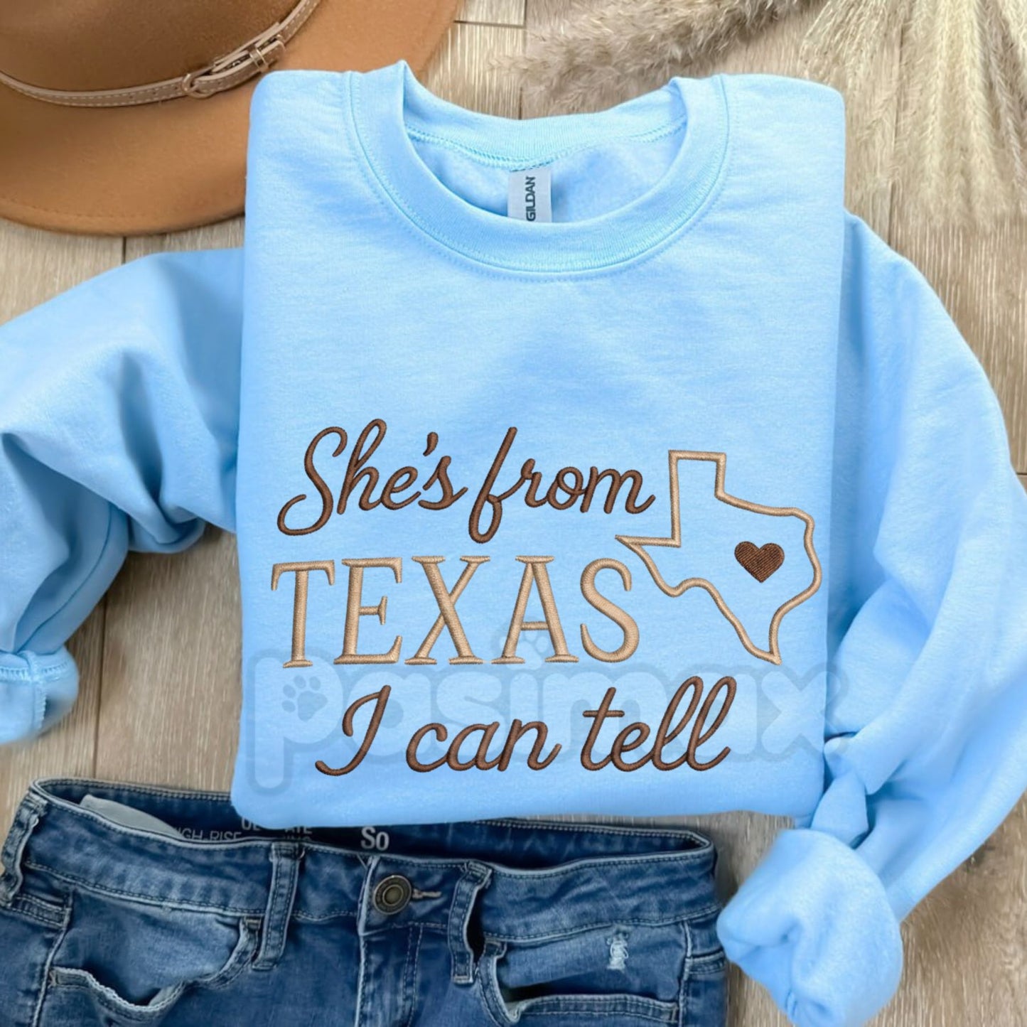 "She's from Texas" Embroidered Sweatshirt – Texas Outline & Heart Design Crewneck
