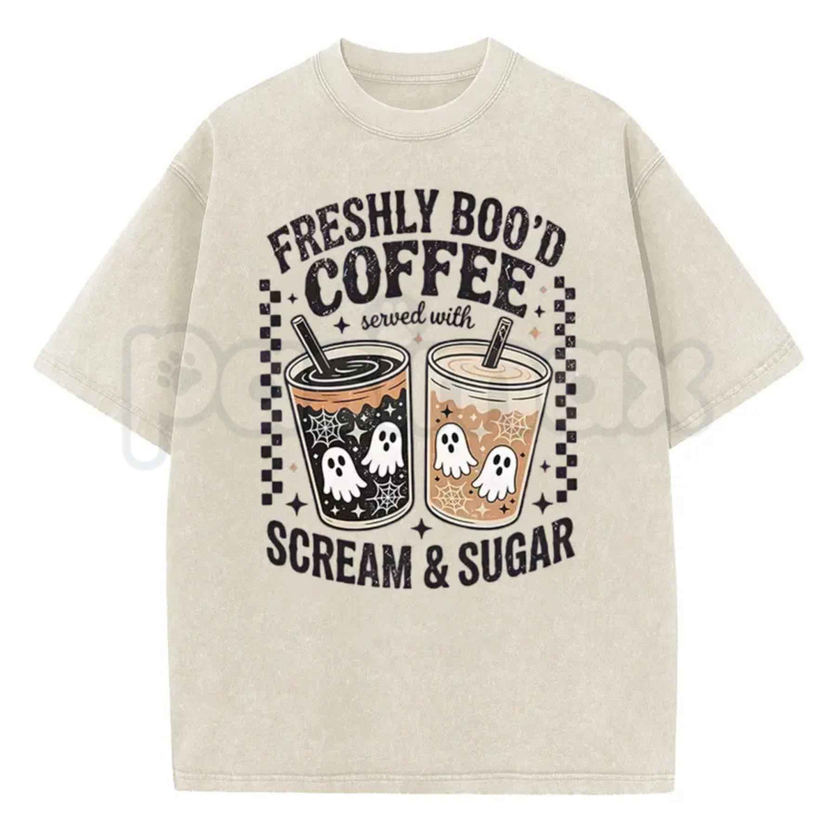 Funny Scream And Sugar Ghost Coffee Artwork Washed Shirt – Retro Horror Movie Parody Graphic Tee, Vintage Acid Wash Lightweight Cotton Unisex Top