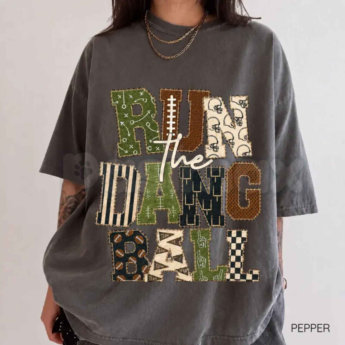 Comfort Colors® Patchwork "Run The Dang Ball" Football T-Shirt – Leopard Print Graphic Tee, Sports Mom Unisex Top & Gift