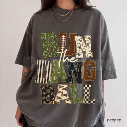 Comfort Colors® Patchwork "Run The Dang Ball" Football T-Shirt – Leopard Print Graphic Tee, Sports Mom Unisex Top & Gift