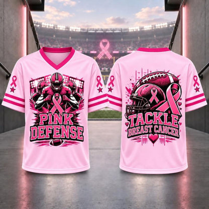 Pink Ribbon Breast Cancer Awareness V-Neck Football T-Shirt – Hope & Support Athletic Graphic Tee