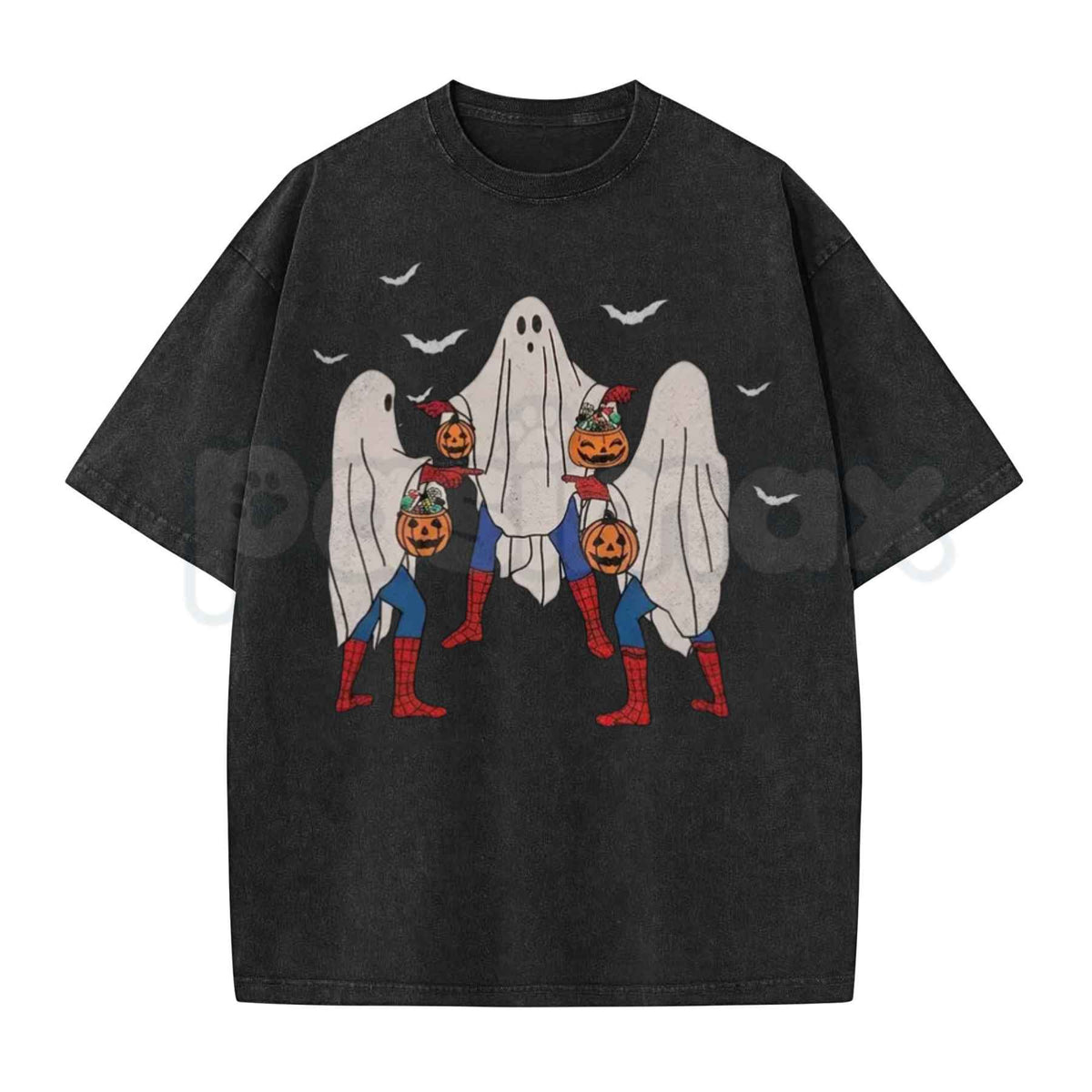 Vintage Wash Spooky Spiderman Ghost Costume Halloween Graphic Tee – Retro Superhero Spooky Season Shirt, Acid Wash Lightweight Cotton Unisex Top