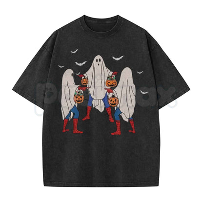 Vintage Wash Spooky Spiderman Ghost Costume Halloween Graphic Tee – Retro Superhero Spooky Season Shirt, Acid Wash Lightweight Cotton Unisex Top