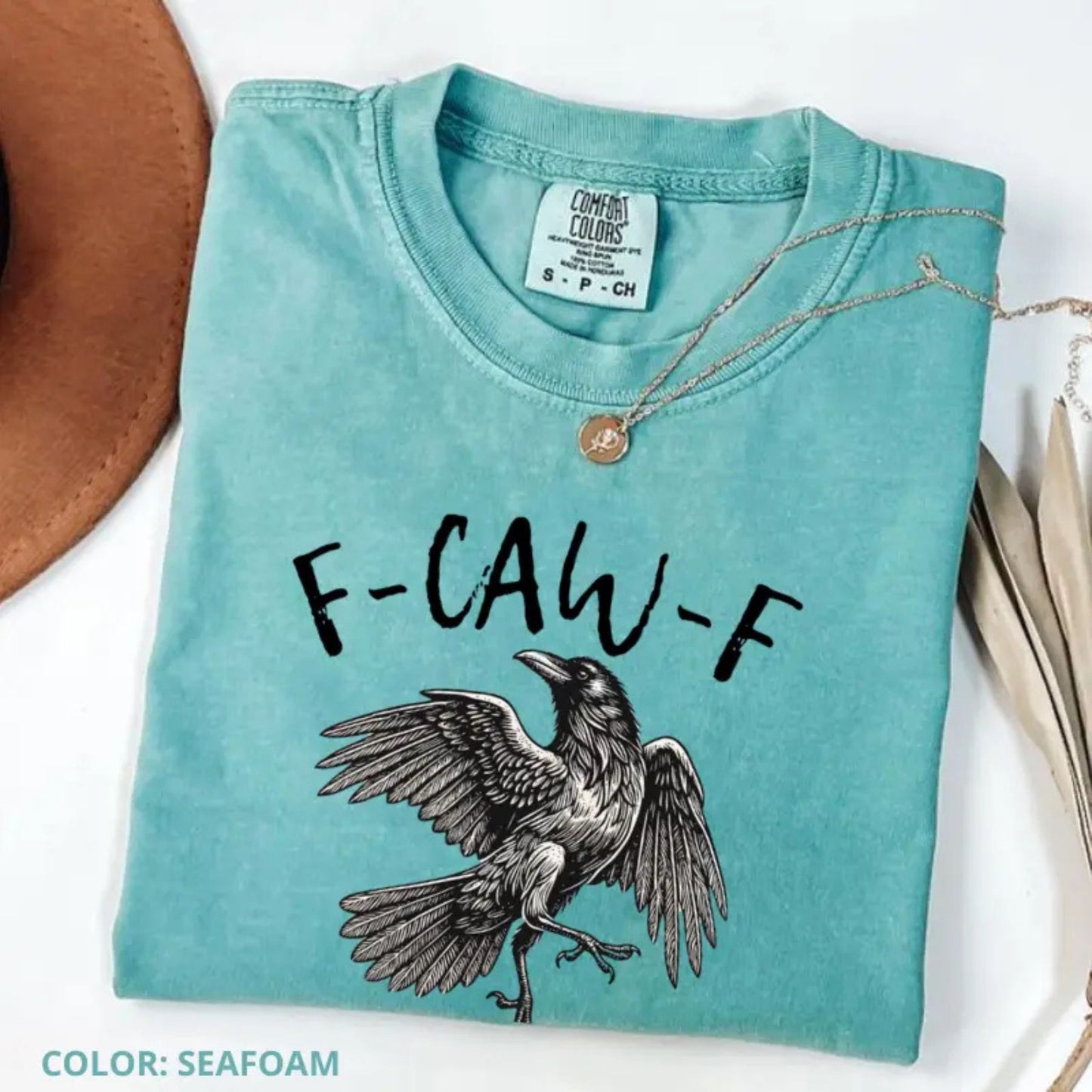 Comfort Colors F-Caw-F T-Shirt – Funny Raven Crow Halloween Tee, Fall Shirt, Women’s Printed Short Sleeve Shirt