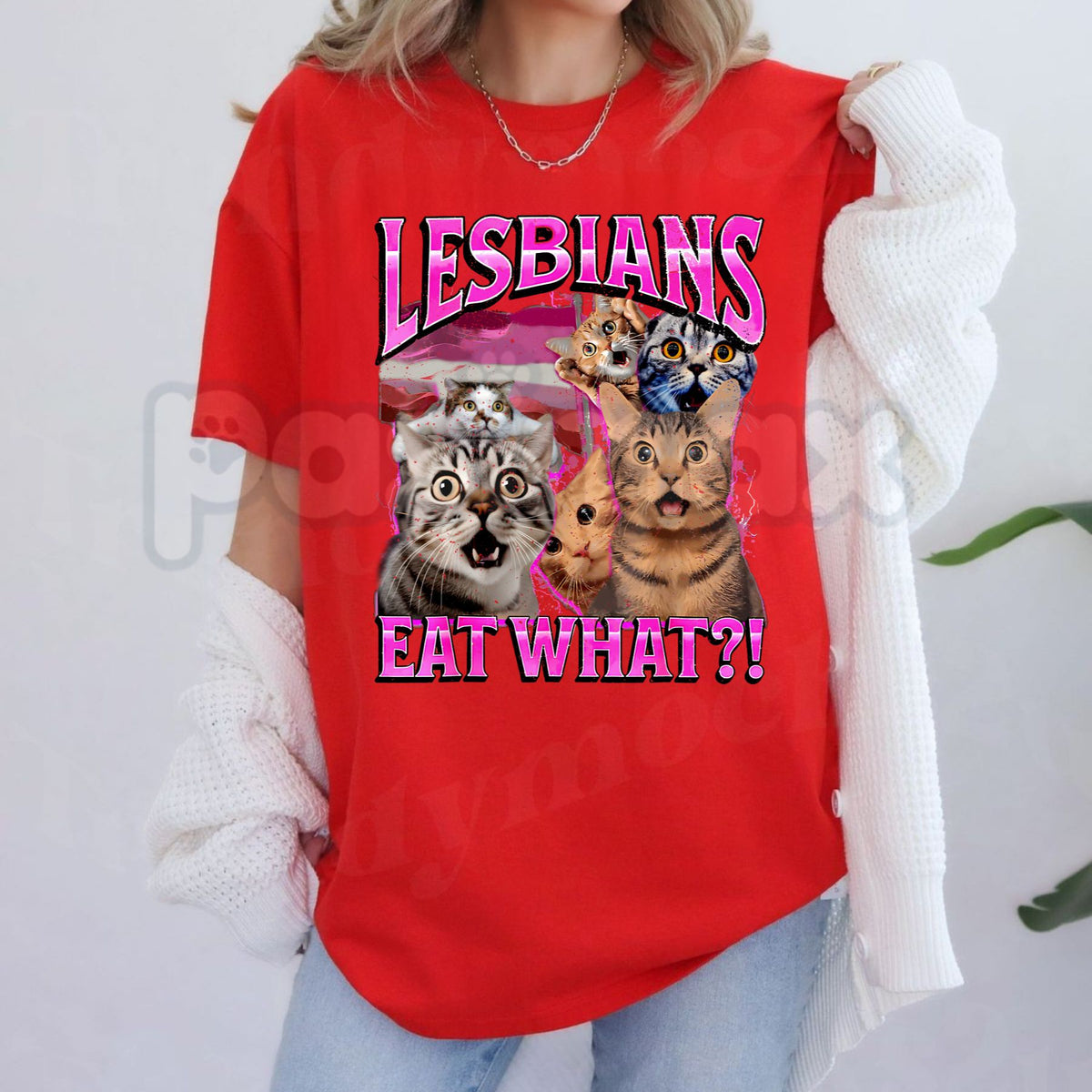 Lesbians Eat What Funny Cat Gay Pride T-Shirt – LGBTQ Sarcastic Pun Graphic Tee