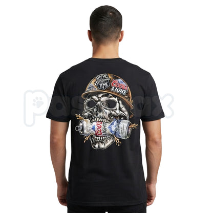 Skull Hard Hat Beer Can Back Print T-Shirt – Blue Collar Biker Graphic Tee