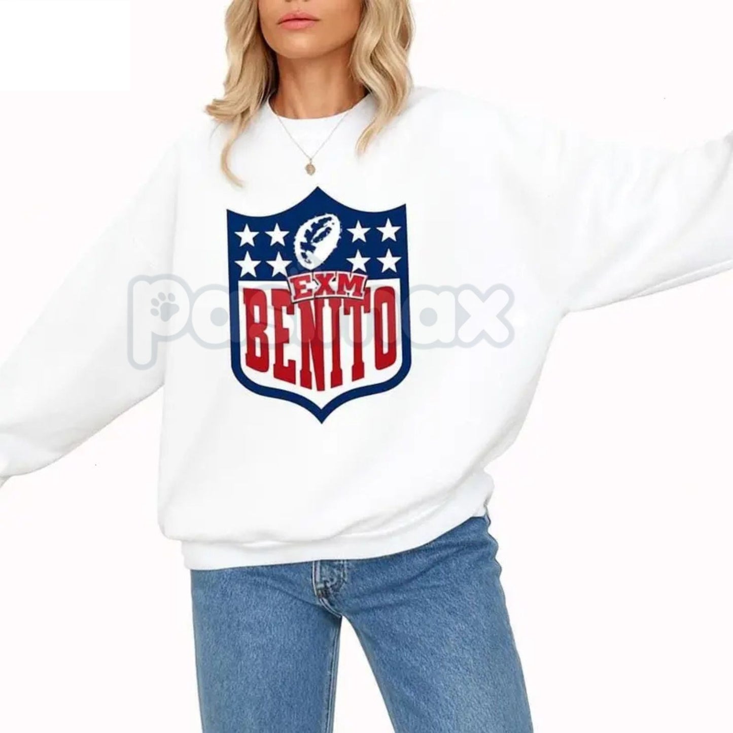 Team Benito Sweatshirt | Retro Football Shield Graphic Crewneck | Bad Bunny Fan Apparel | Aesthetic Reggaeton Jumper | Vintage Varsity Sports Pullover | Puerto Rico Music Fan Gift
