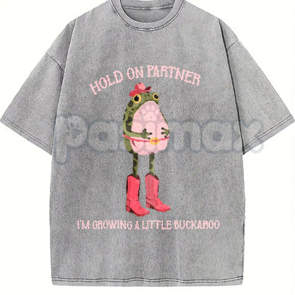 Hold On Partner I'm Growing A Little Buckaroo T-Shirt – Cowboy Baby Western Pregnancy Announcement, Lightweight Retro Cotton Graphic Tee