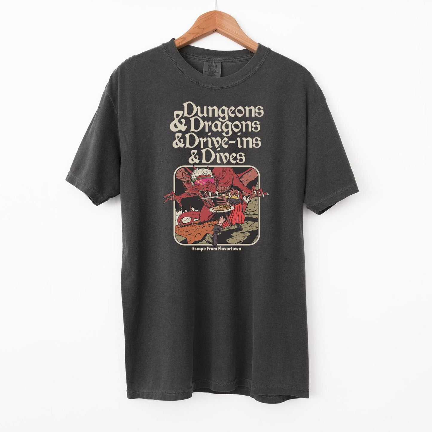 Vintage Food & Fantasy Tee – Dungeons and Dragons and Drive-Ins T-Shirt, Funny Comfort Colors Shirt, Retro Gamer Top, Fantasy RPG Gift
