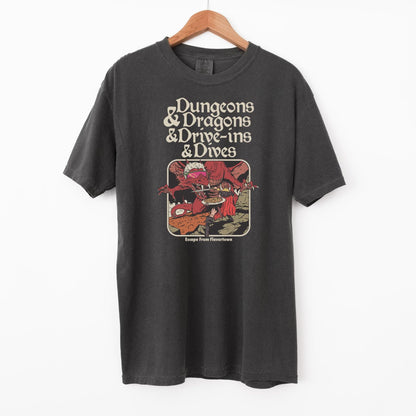 Vintage Food & Fantasy Tee – Dungeons and Dragons and Drive-Ins T-Shirt, Funny Comfort Colors Shirt, Retro Gamer Top, Fantasy RPG Gift
