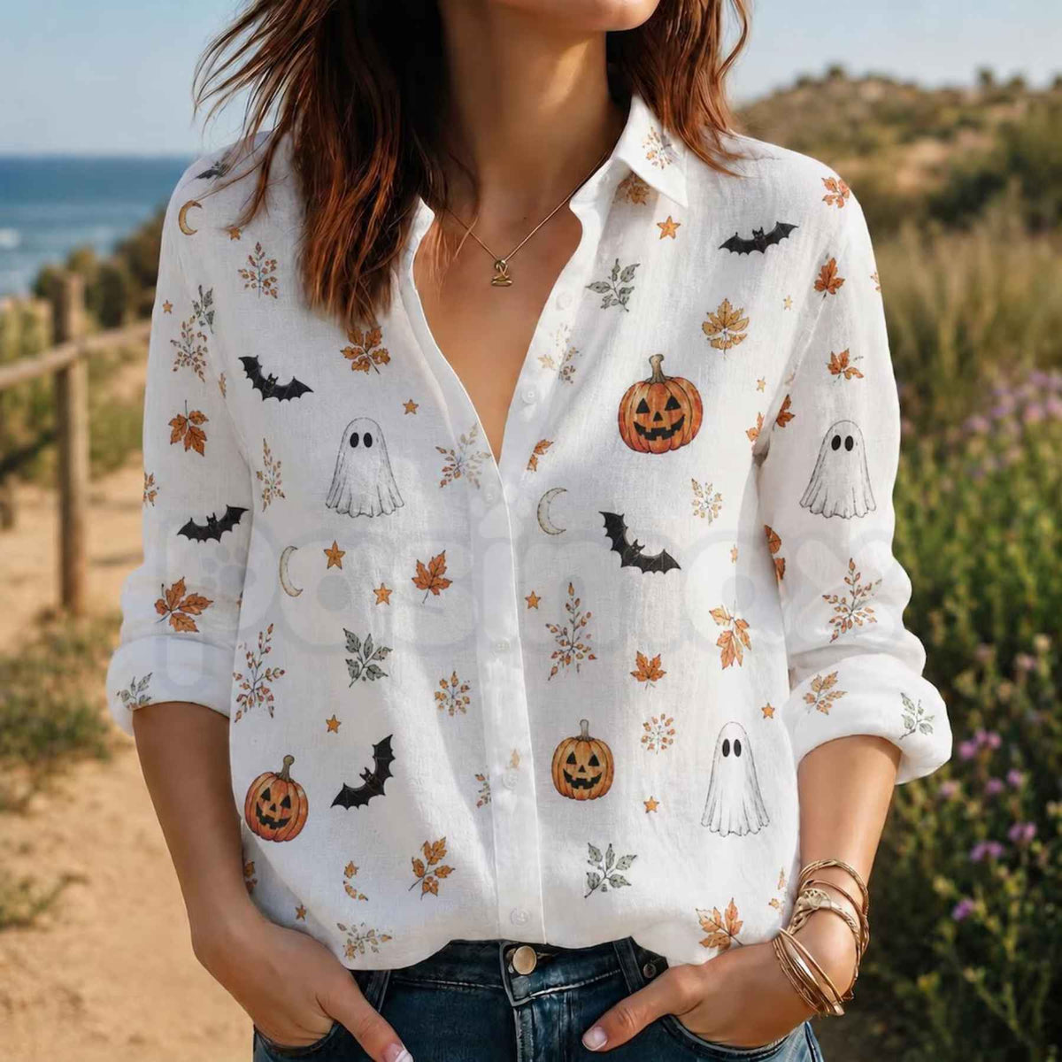 Halloween Ghost Pumpkin Fall Blouse – Spooky Long Sleeve Top, Cute Autumn Leaves Apparel & Fall Festival Outfit