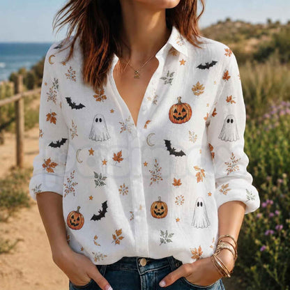 Halloween Ghost Pumpkin Fall Blouse – Spooky Long Sleeve Top, Cute Autumn Leaves Apparel & Fall Festival Outfit