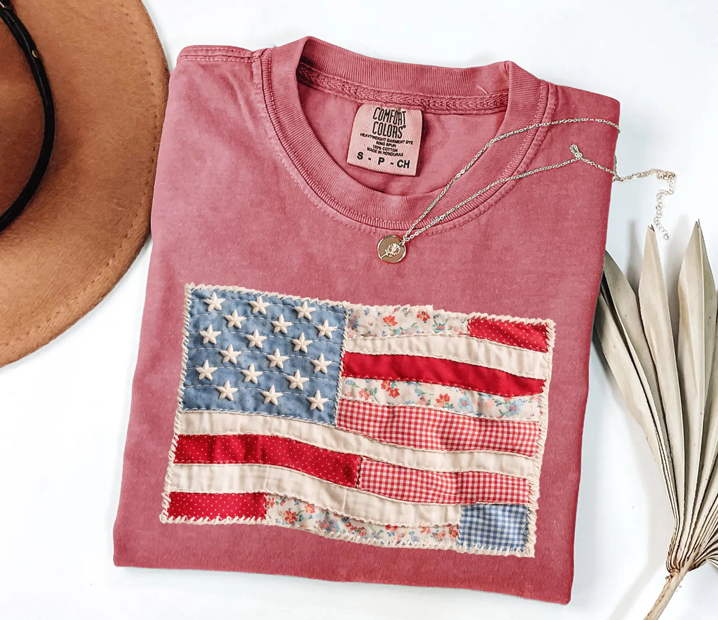 Comfort Colors® Retro American Flag T-Shirt – Faux Patchwork USA Graphic Tee, Vintage Patriotic 4th of July Shirt, Aesthetic Independence Day Top