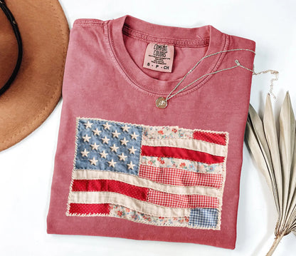 Comfort Colors® Retro American Flag T-Shirt – Faux Patchwork USA Graphic Tee, Vintage Patriotic 4th of July Shirt, Aesthetic Independence Day Top