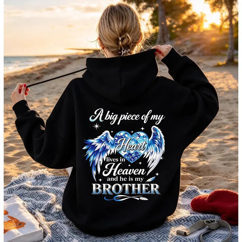 A Big Piece Of My Heart Lives In Heaven Memorial Back Print Hoodie – In Loving Memory Graphic Pullover, Angel Wing Remembrance Sweatshirt, Unisex Heavy Blend