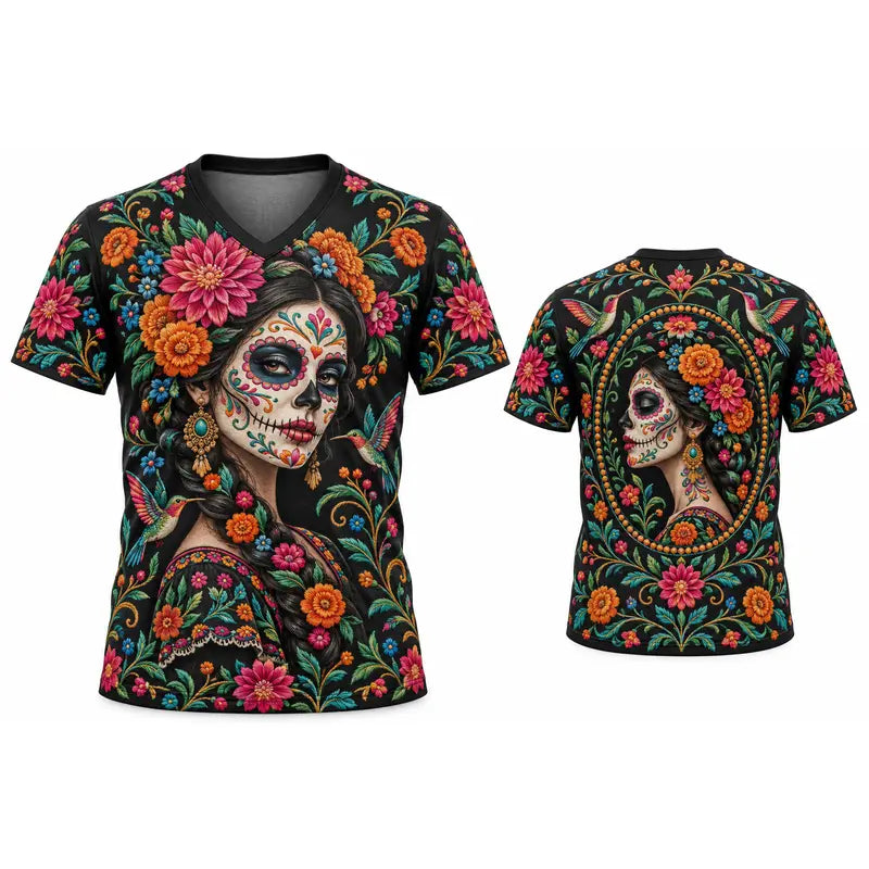 Lady's Mexican Día de los Muertos Skull La Catrina V-Neck Shirt – Day of the Dead Heritage Graphic Tee