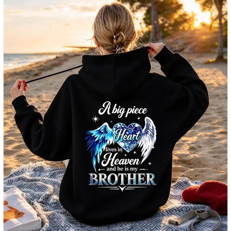 A Big Piece Of My Heart Lives In Heaven Memorial Back Print Hoodie – In Loving Memory Graphic Pullover, Angel Wing Remembrance Sweatshirt, Unisex Heavy Blend