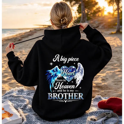 A Big Piece Of My Heart Lives In Heaven Memorial Back Print Hoodie – In Loving Memory Graphic Pullover, Angel Wing Remembrance Sweatshirt, Unisex Heavy Blend