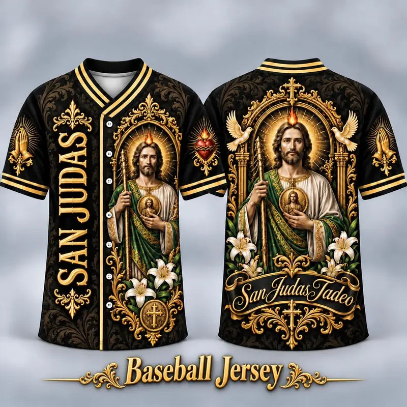 (Pre Order) San Judas Tadeo V-Neck T-Shirt & Baseball Jersey – Religious St. Jude Thaddeus Faith Shirt