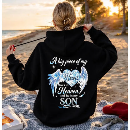 A Big Piece Of My Heart Lives In Heaven Memorial Back Print Hoodie – In Loving Memory Graphic Pullover, Angel Wing Remembrance Sweatshirt, Unisex Heavy Blend