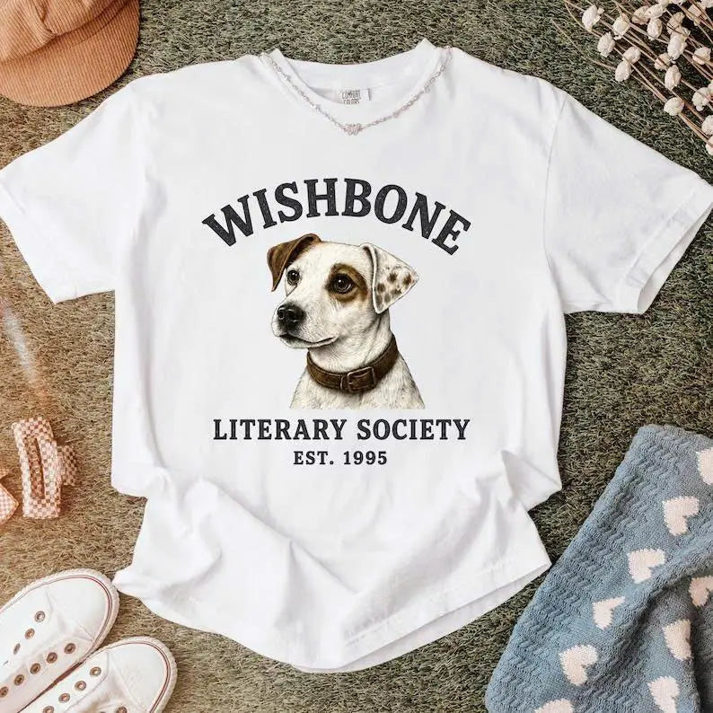 Comfort Colors® "Literary Society" Wishbone Dog T-Shirt – Retro Nostalgic 90s Childhood Bookworm Graphic Tee, Vintage Aesthetic Reader Gift Top