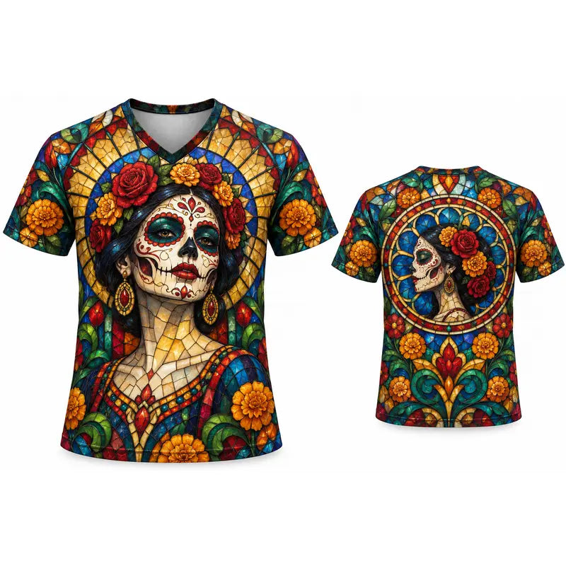 Lady's Mexican Día de los Muertos Skull La Catrina V-Neck Shirt – Day of the Dead Heritage Graphic Tee