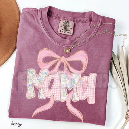 Comfort Colors® Floral "MAMA" T-Shirt – Trendy Spring Flower Mom Shirt, Aesthetic Blue and Pink Bow Tee, Preppy Pregnancy Reveal Gift for Her
