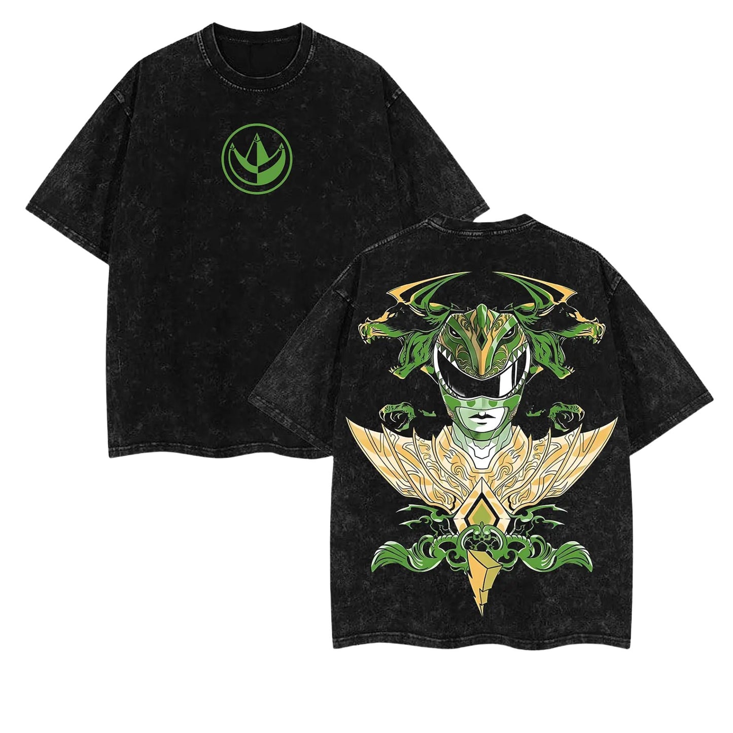 Mighty Morphin Power Rangers T-Shirt – Green, White, Red Ranger Washed Cotton Tee