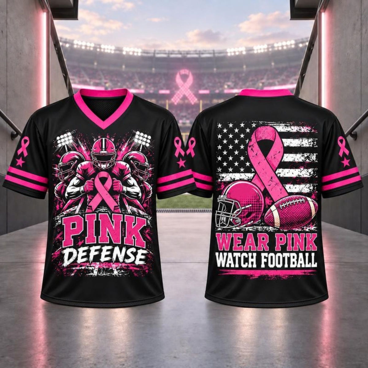 Pink Ribbon Breast Cancer Awareness V-Neck Football T-Shirt – Hope & Support Athletic Graphic Tee