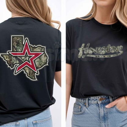 Vintage Houston Texas Camo Star Graphic T-Shirt – Lone Star State Retro Camouflage Unisex Cotton Streetwear Shirt