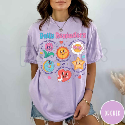 Comfort Colors® Daily Reminders T-Shirt – Motivational Kindness Graphic Tee, Retro Mental Health Floral Positivity Unisex Top & Gift