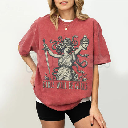 Comfort Colors® Medusa Victorious T-Shirt – Girls Will Be Girls Feminist Tee, Perseus Defeated Mythology Shirt, Dark Aesthetic Empowerment Graphic Top