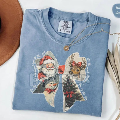 Comfort Colors® Cozy Women's Christmas T-Shirt – Nostalgic Holiday Bow Tee, Eco-Friendly Santa Reindeer Shirt, Vintage Winter Blue Jean