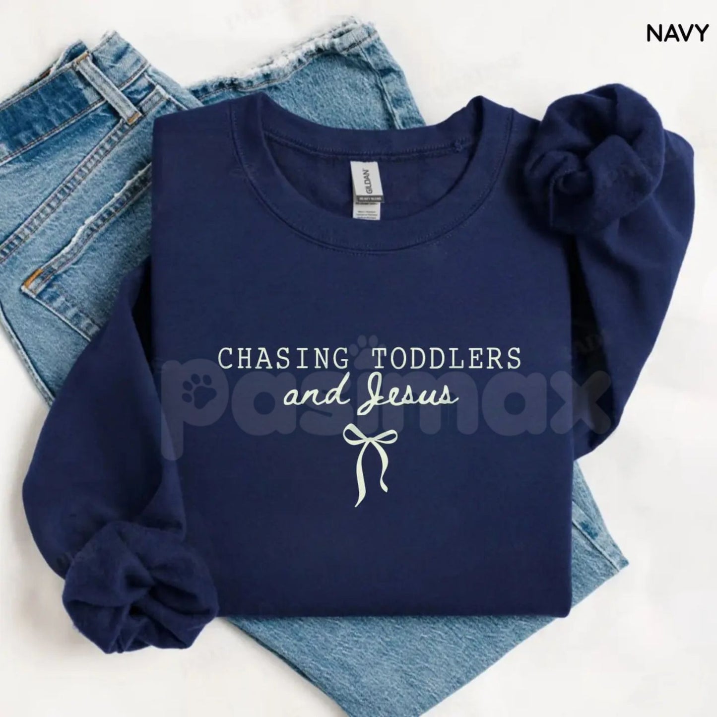 Chasing Jesus and Toddlers Sweatshirt | Coquette Christian Bow Crewneck | Aesthetic Faith Based Mom Jumper | Christian Motherhood Gift | Dainty Religious Bow Pullover