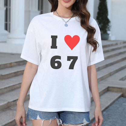 "I Love 6 7" Crewneck T-shirt - Funny Graphic Tee, Stylish Casual White Shirt