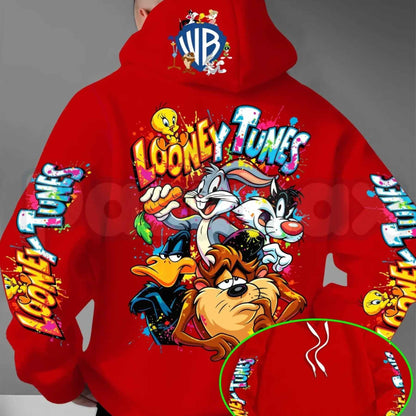 Men's Looney Tunes Back Print Hoodie – Vintage Cartoon Character Graphic Pullover, Retro Streetwear Long Sleeve Sweatshirt