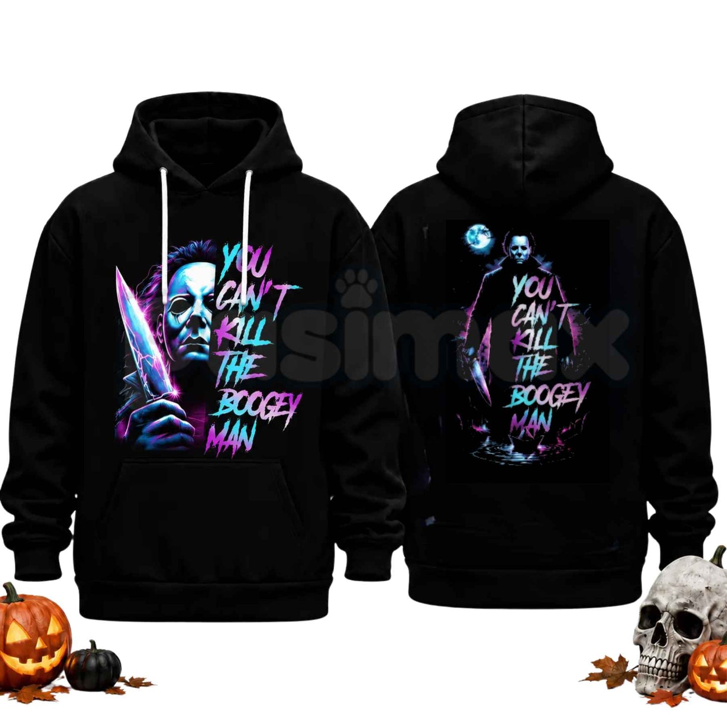 Unisex Horror Movie Villain Double Sided Graphic Hoodie – Retro Neon Scary Character Pullover, Vintage Spooky Halloween Gift Sweatshirt